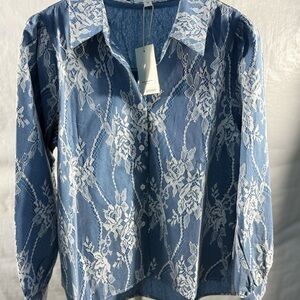 Blue and White Mesh Embroidered Blouse Elegant Top